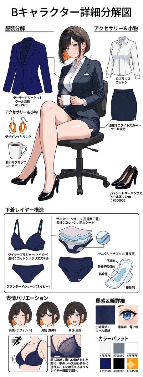 illust_gallery's tweet image. 【キャラ設定】完璧なCA、田中 麗（れい）さんの秘密。

紺のスーツに身を包んだ彼女の、こだわり抜いた衣装構造をまとめました。
表情豊かな彼女の、普段は見せない「内側の設定」まで……。

#AIart #AIイラスト #OL #設定資料
