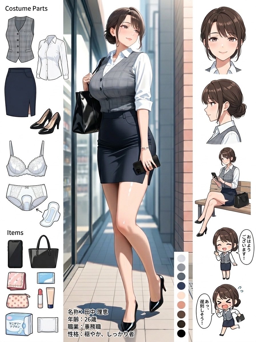 illust_gallery's tweet image. 【キャラ設定】完璧なCA、田中 麗（れい）さんの秘密。

紺のスーツに身を包んだ彼女の、こだわり抜いた衣装構造をまとめました。
表情豊かな彼女の、普段は見せない「内側の設定」まで……。

#AIart #AIイラスト #OL #設定資料