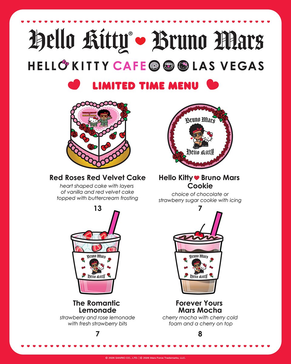 hellokitty's tweet photo. Hello, Las Vegas🌹🎀 Join Hello Kitty for two special meet and greets to celebrate the opening of The Romantic World Tour Pop-Up and the limited #HelloKittyxBrunoMars menu items at The Park @HelloKittyCafe! Plus, you may even spot Hello Kitty on Bruno Mars Drive✨
⁠
❤️ Meet and Greet with Hello Kitty⁠ on April 9th and April 11th 
❤️ Shop exclusive collab merchandise ⁠at the Pop-Up & select items at the Hello Kitty Cafe  
❤️ Enjoy special menu items ⁠
⁠
Tag a bestie you’re going with! 💞