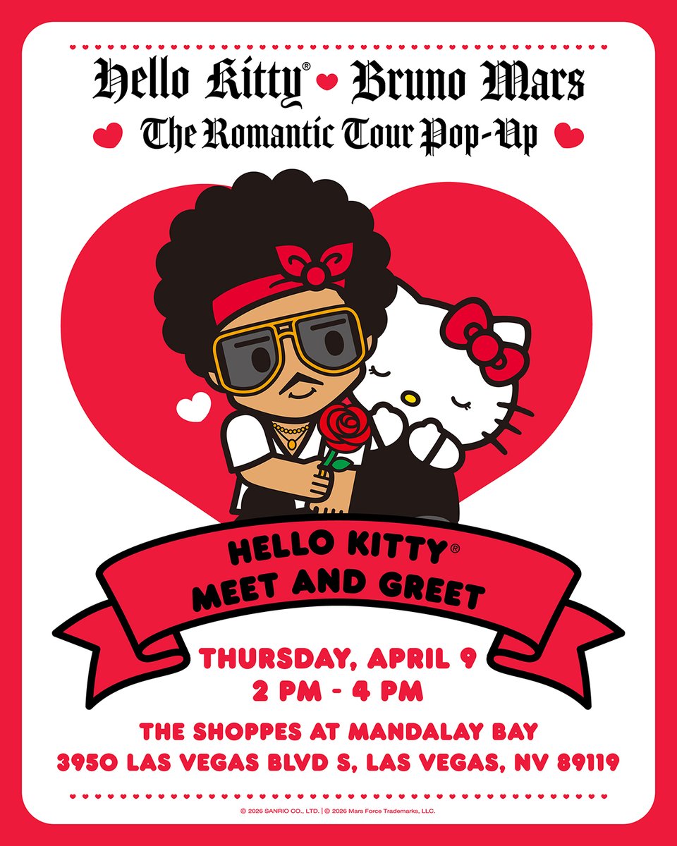 hellokitty's tweet photo. Hello, Las Vegas🌹🎀 Join Hello Kitty for two special meet and greets to celebrate the opening of The Romantic World Tour Pop-Up and the limited #HelloKittyxBrunoMars menu items at The Park @HelloKittyCafe! Plus, you may even spot Hello Kitty on Bruno Mars Drive✨
⁠
❤️ Meet and Greet with Hello Kitty⁠ on April 9th and April 11th 
❤️ Shop exclusive collab merchandise ⁠at the Pop-Up & select items at the Hello Kitty Cafe  
❤️ Enjoy special menu items ⁠
⁠
Tag a bestie you’re going with! 💞