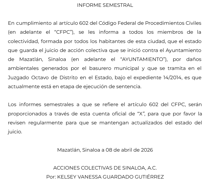 ACSinaloa's tweet photo. Les compartimos el informe semestral, relativo al juicio de acción colectiva difusa presentado contra el Ayuntamiento de Mazatlán, Sinaloa, por los daños ambientales causados por la operación irregular del basurero municipal https://t.co/ZRzKMWYeCl