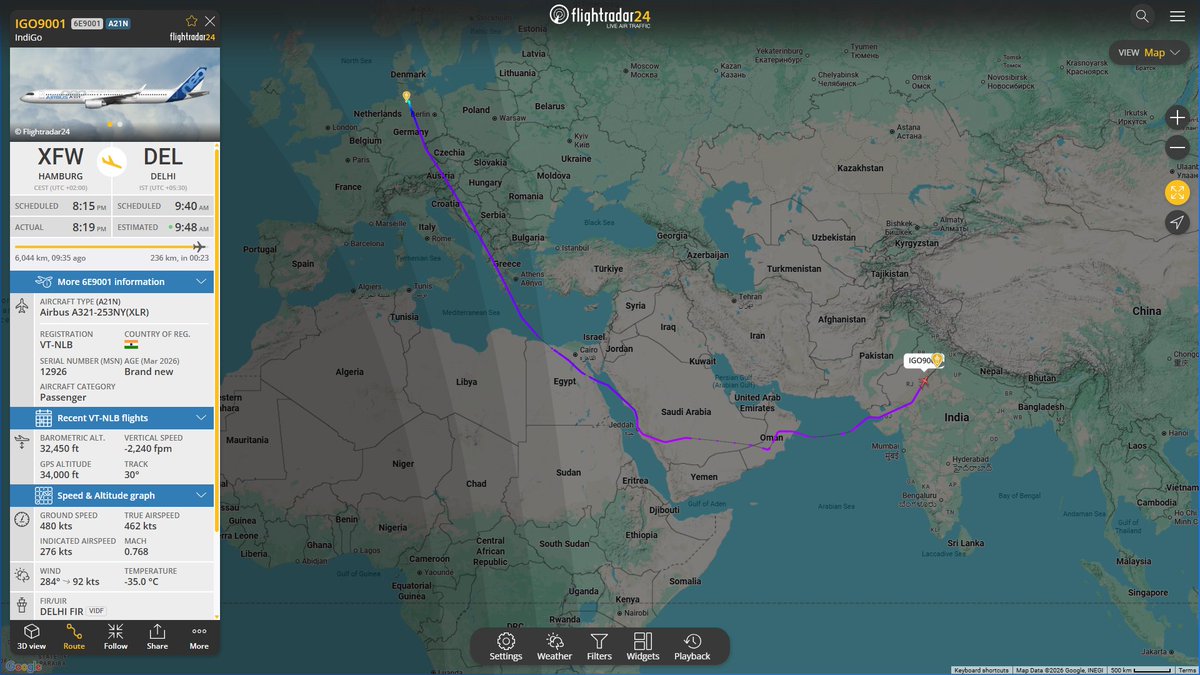 Vinamralongani's tweet image. India's and @IndiGo6E's 2nd A321XLR is about to touch down in Delhi after a historic non-stop flight from the home of @Airbus in Hamburg.
It has 183 Economy seats. 25 less than the regular A321neo with a Stretch cabin.
Also, hot food as galleys are equipped with ovens. #AvGeek