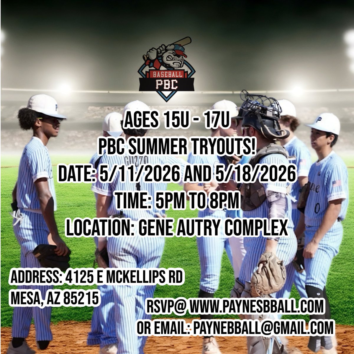 Paynesbball's tweet photo. PBC Summer Tryouts
15u to 17u Athletes 
Date: 5/11/26 and 5/18/26
Time: 5pm to 8pm 
Location: Gene Autry Complex (Mesa)
Register Today @ https://t.co/Z1MXcge8Cy https://t.co/2aKmUS9tMW