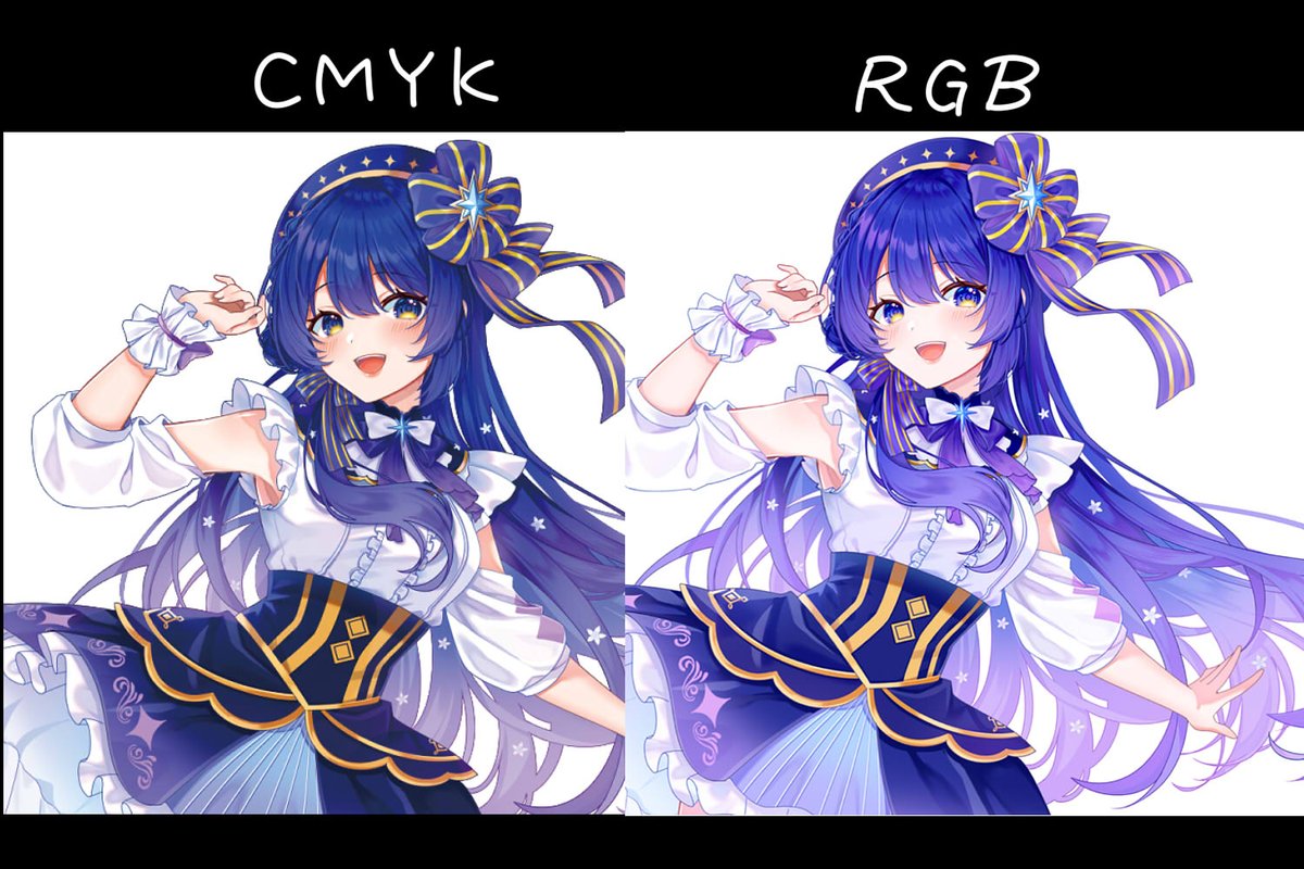 atarayo_yuki's tweet photo. 私の髪がこんなにも鮮やかな青なのが悔やまれます…！！
グッズにする時はRGBの色が出なくてCMYK形式になるのですが、かなりくすむのでイラストレーター泣かせの髪です( ᐪ꒳​ᐪ )

#新人Vtuber https://t.co/rnVya1bEJS