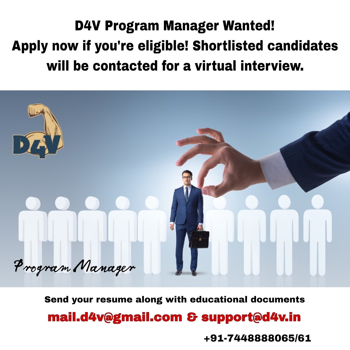 Location: Tamil Nadu 
Compensation: Salary per month + travel reimbursement
Employment Type: Full-time

bit.ly/d4vPMHire

Send your resume along with education documents and a short note titled “Why I want to lead D4V’s mission” to mail.d4v@gmail.com &amp; support@d4v.in