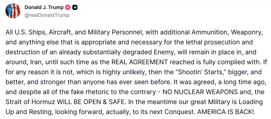 President Trump just confirmed 2 things:
- There is no real ceasefire agreement in place [CONFIRMING WHAT I SAID]
- Military reinforcements and supplies are being sent to the Middle East in case more powerful strikes are ordered

In a nutshell: the last Taco has been untacoed
