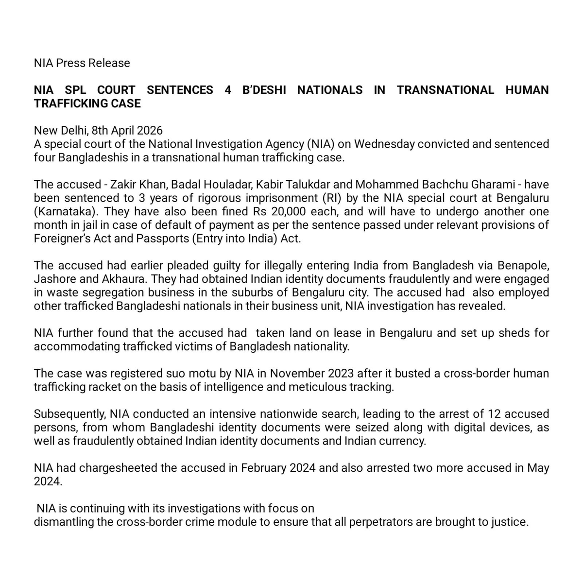 ITGGlobal's tweet image. A special court in Bengaluru has convicted and sentenced four Bangladeshi nationals to 3 years of rigorous imprisonment in a transnational human trafficking case, marking a significant step in cracking down on cross-border trafficking networks.

#HumanTrafficking #Bengaluru