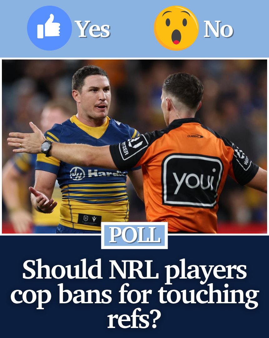 dailytelegraph's tweet image. #POLL 🎤 Parramatta captain Mitchell Moses was issued with a warning from the NRL for touching the referee during Monday’s game against the Wests Tigers. Was it over the top?

HAVE YOUR SAY 👉 bit.ly/4t2boNl

Get the news first with The Daily Telegraph app: