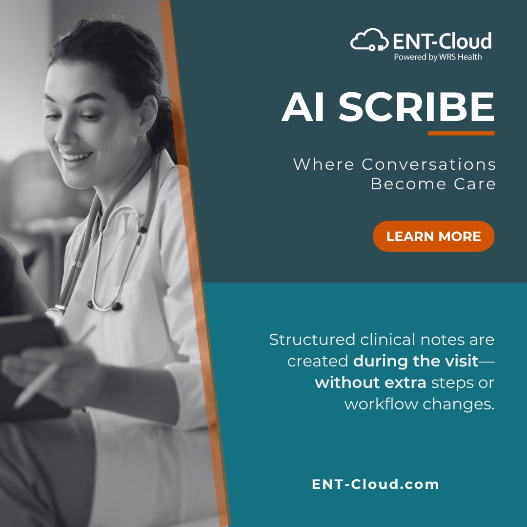 EHRforENT's tweet photo. 🚀 With AI Scribe, every ENT encounter is securely captured and transformed into structured, specialty-aligned clinical notes—right within your EHR. No extra tools, no switching screens, and no disruption to your workflow.

👉 Learn more: https://t.co/PJYrxrwQbK https://t.co/Ym4Z7JDdkk