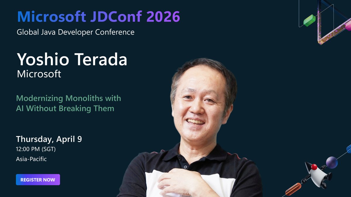 JavaAtMicrosoft's tweet photo. Starting in 5 minutes: Modernizing Monoliths with AI Without Breaking Them
With Yoshio Terada (@yoshioterada) from Microsoft
Practical strategies to safely add AI to large, complex legacy Java systems.
Watch live โ https://t.co/uViBU6Te7c
#JDConf #Java #LegacyModernization https://t.co/4mhQwNFtx0