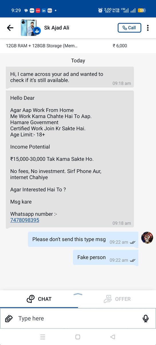 VeduEducation's tweet photo. @OLXIndia Your platform is becoming unsafe due to spam and suspicious messages. I recently received one and it’s really disappointing. Please improve security and user verification. #OLXFraud #StaySafe https://t.co/Hd2FaZHsRr