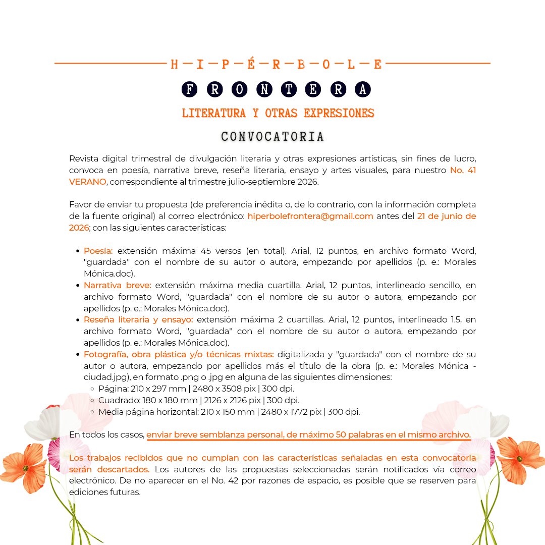 RevLiterariaHF's tweet photo. 📣 🅡🅔🅒🅤🅔🅡🅓🅐 Siempre puedes encontrar la convocatoria vigente en el número actual de 𝗛𝗶𝗽𝗲́𝗿𝗯𝗼𝗹𝗲 𝗙𝗿𝗼𝗻𝘁𝗲𝗿𝗮.
📌 🅝🅞 🅞🅛🅥🅘🅓🅔🅢 Tu semblanza breve (𝙙𝙚 𝙢𝙖́𝙭𝙞𝙢𝙤 𝟱𝟬 𝙥𝙖𝙡𝙖𝙗𝙧𝙖𝙨) en el mismo archivo con tu texto.
😉 ¡grᥲᥴιᥲs ρor ᥣᥱᥱr! https://t.co/jQHLr3mnRF