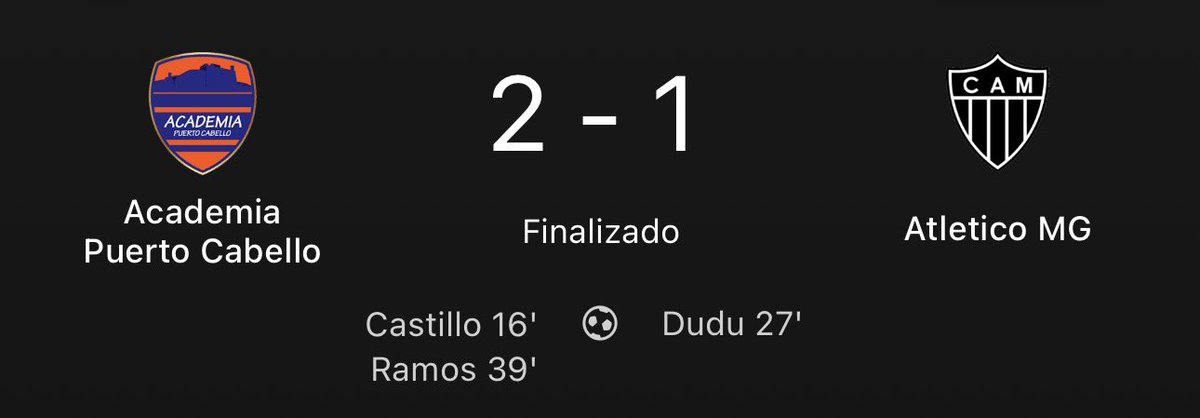 Academia Puerto Cabello le gana al Atlético Mineiro 2-1 por la primera jornada de fase de grupos de la Copa Sudamericana. 

GRAN TRIUNFO de un equipo venezolano en competencias internacionales este 2026. ⚽️🇻🇪
