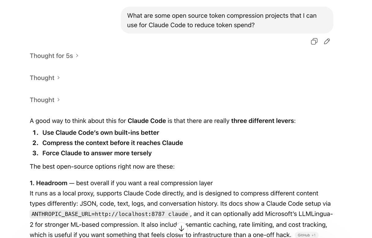 chopra_tejas's tweet photo. A good signal if your project starts showing up as the first response on #chatgpt

#Headroom #TokenCompression #FOSS #Private  

https://t.co/bPXahj1968 https://t.co/vyjgVUdOt7