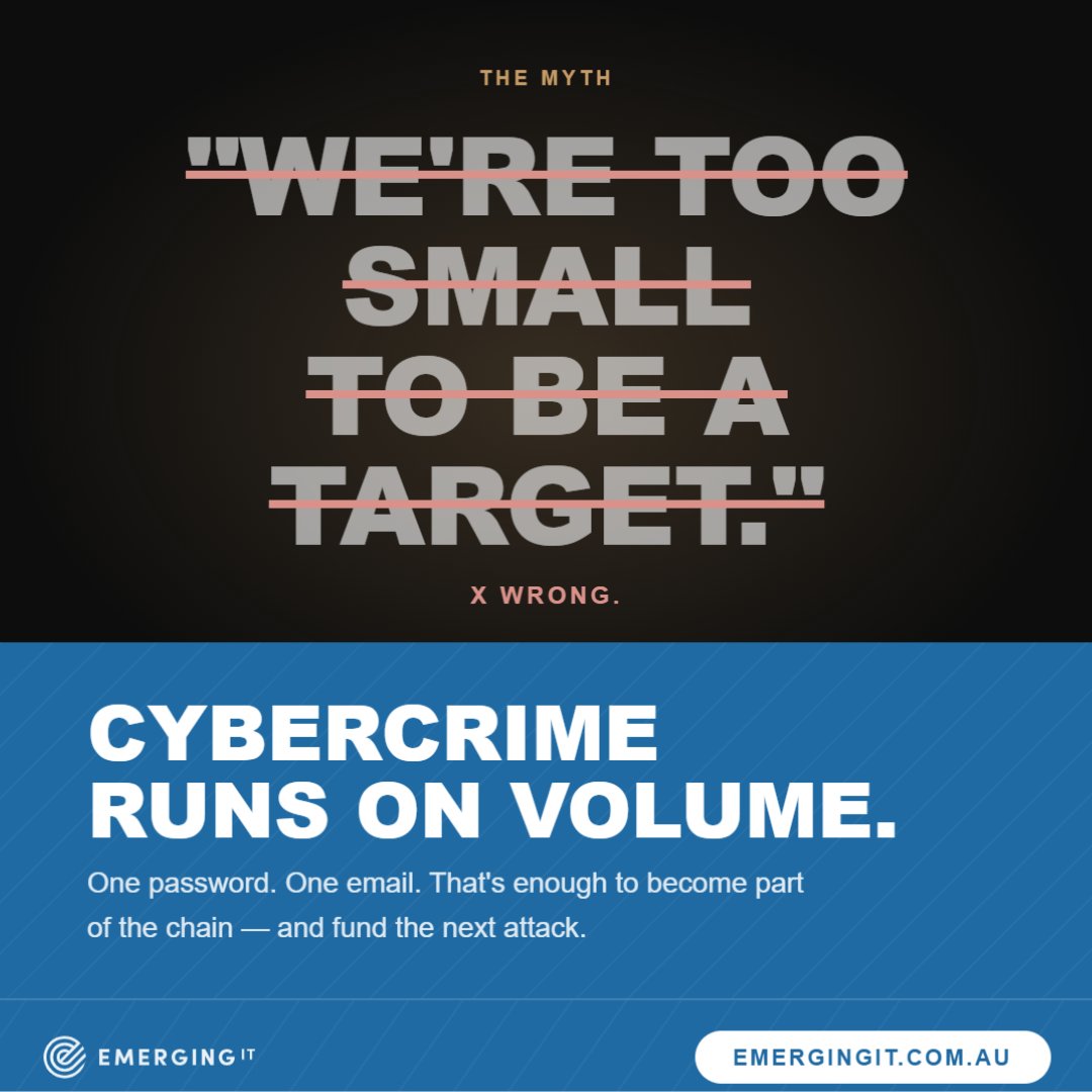 EmergingITAus's tweet photo. Still think you're too small to be a target? That's the most expensive assumption in business.
How prepared is your team right now?

Contact us https://t.co/gozWiwOAeD

#CyberMyth #SMBSecurity #SecurityAwareness #AustralianBusiness #CyberRisk #MSSP https://t.co/rpQ6pT9mTd