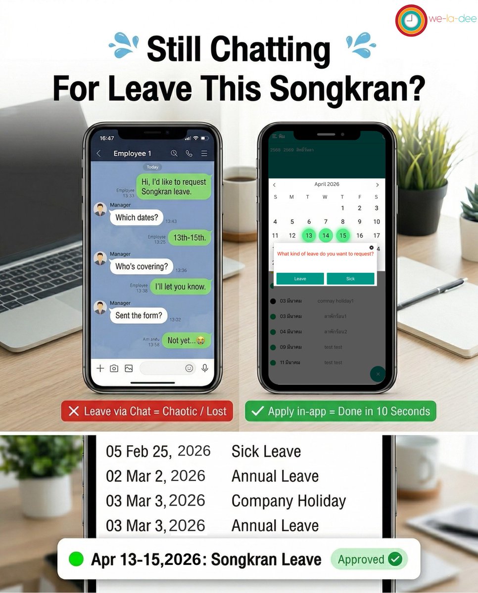 we_la_dee's tweet image. Still requesting Songkran leave via chat? 💦 
❌ Leave via chat = Chaotic &amp;amp; Lost 
✅ Weladee App = Approved in 10 secs!

✅Free 1 month
👉weladee.com/en/register?so…

#Weladee #LeaveApp #WorkSmart #HRTech #Songkran