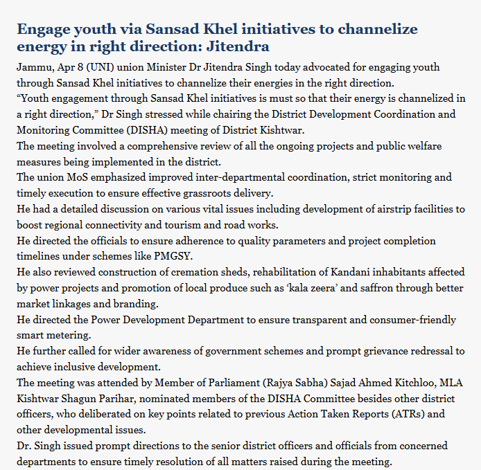 DrJitendraSingh's tweet image. United News of India: Engage youth via Sansad Khel initiatives to channelize energy in right direction
#ConstituencyUpdate

Read:
uniindia.com/news/north/adm…