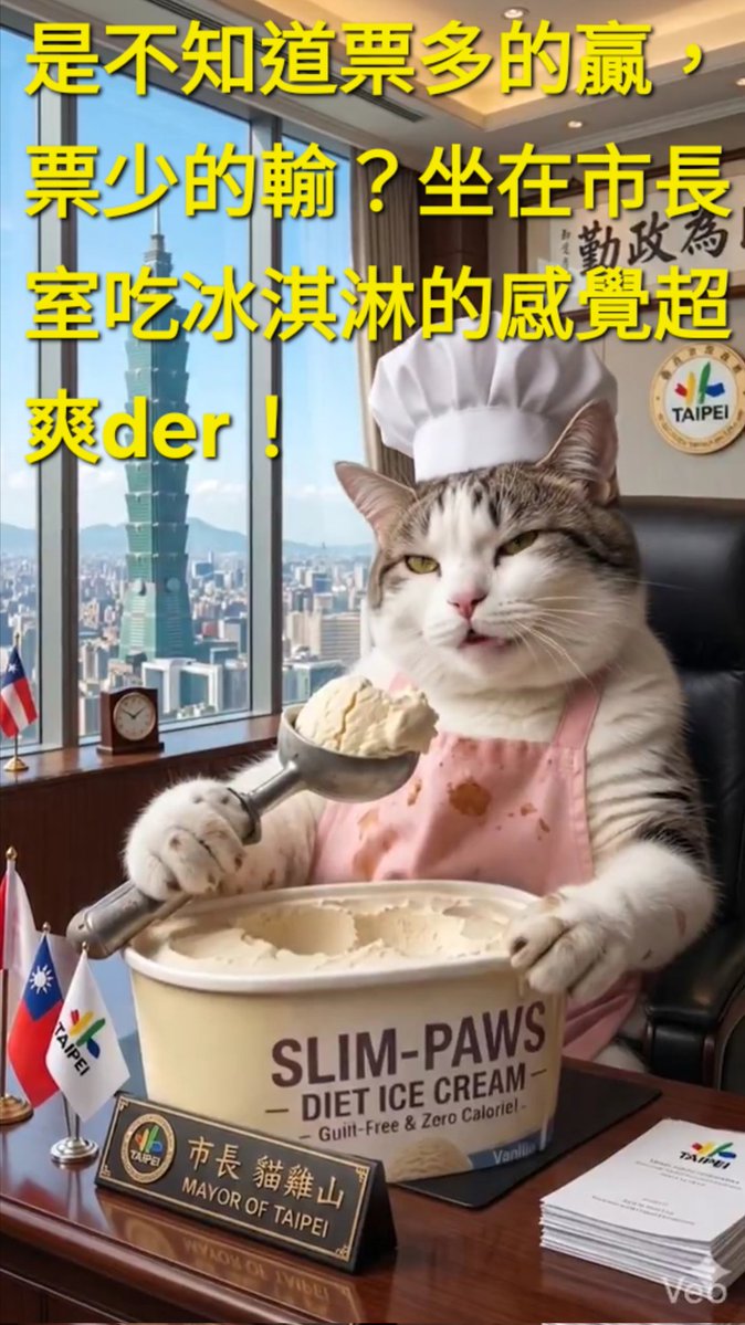 antikpltd2's tweet image. 市長貓雞山 @catmaid_joker @CatMaid_loven 坐在市長辦公室吃冰淇淋時，面對市民和網民質疑的畫面❓
#AI #AIart #icecream #cat