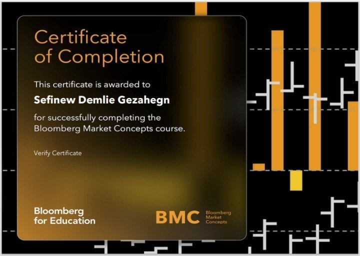 SefinewDemlie's tweet photo. Just hit a major milestone! 🎓 Certified in Bloomberg Market Concepts (BMC).

​As a #BMIA FJT delegate, mastering the Terminal and financial data is key to uncovering the stories that matter for Africa’s development. 📈🌍
​#Bloomberg #FinancialJournalism #Ethiopia #DataAnalysis https://t.co/uKNhdTfbG0