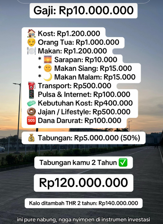 txtkarir's tweet photo. gaji 10jt/bulan, dalam 2 tahun nabung 140 jt.

kalian bisa gak? https://t.co/F9zws7OCqY
