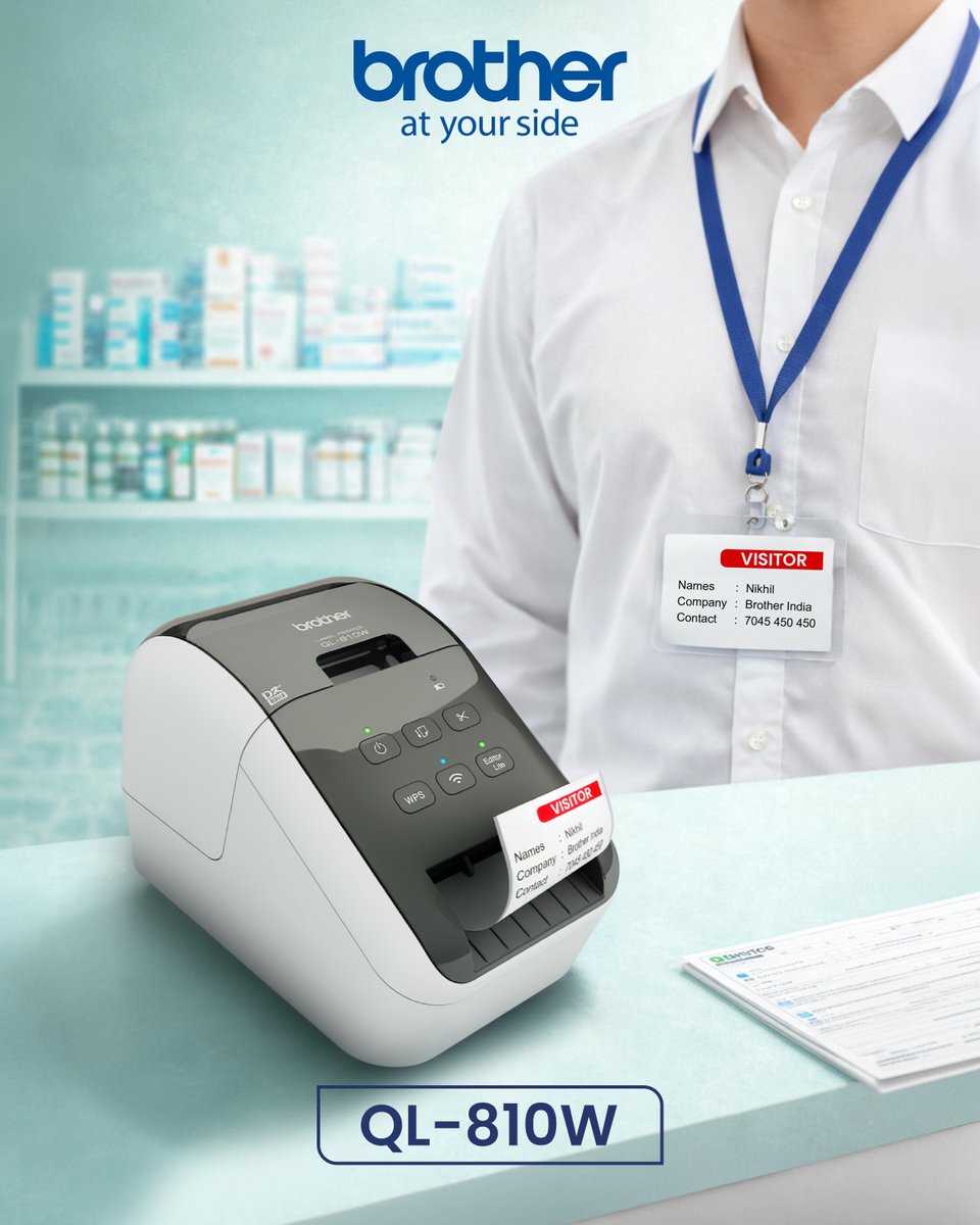 brotherindia's tweet image. In environments where precision matters, every detail counts.

The Brother QL-810W ensures quick, clear, and professional visitor badge printing—ideal for healthcare and pharma spaces.

Efficiency you can trust.
#HealthcareSolutions #BrotherIndia #LabelPrinter