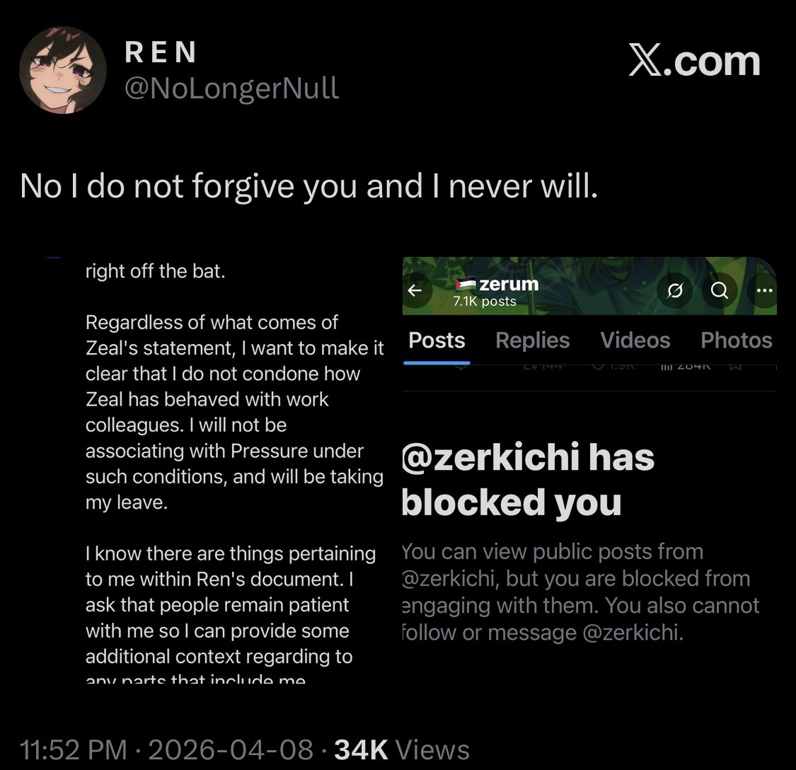 CircusValVal's tweet photo. @zerkichi Reminder that Zerum has Ren blocked by the way. Lying piece of shit. You don’t give a fuck about them you just want to save face. https://t.co/gKRyZ0XP2P
