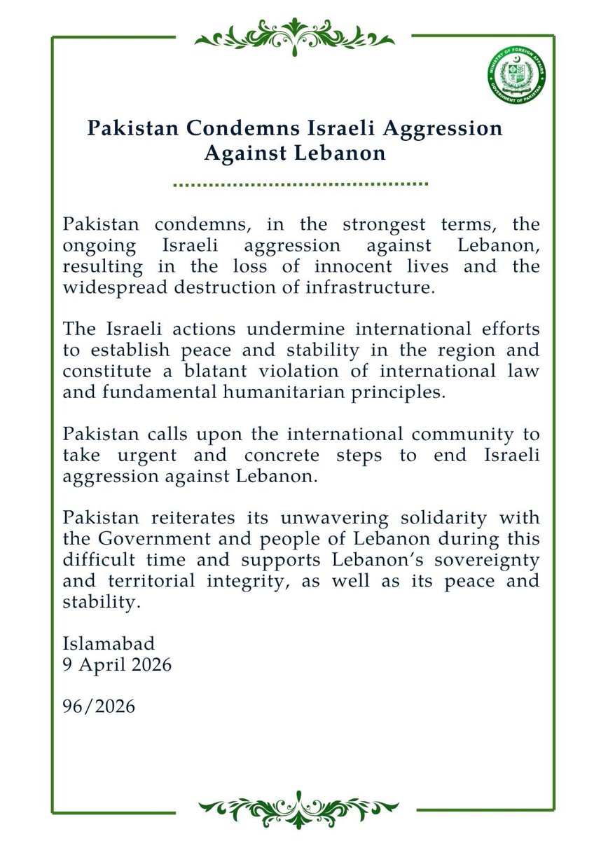 TahirAndrabi's tweet photo. Pakistan strongly condemns the ongoing Israeli aggression against Lebanon, which has resulted in the loss of innocent lives and the widespread destruction of infrastructure

We call for urgent international action to end these violations of international law.

🇵🇰 reaffirms its unwavering solidarity with Govt. & People of 🇱🇧 and its firm support for 🇱🇧 sovereignty, territorial integrity, peace, and stability.
@ForeignOfficePk