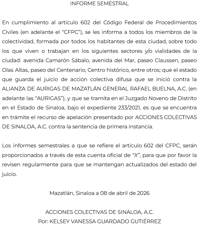 ACSinaloa's tweet photo. Les compartimos el informe semestral, relativo al juicio de acción colectiva presentado en contra de la Alianza de Aurigas de Mazatlán General Rafael Buelna, A.C., por los daños ambientales causados por emisión de ruido, en Mazatlán, Sinaloa. https://t.co/9Gu19Gp3cy