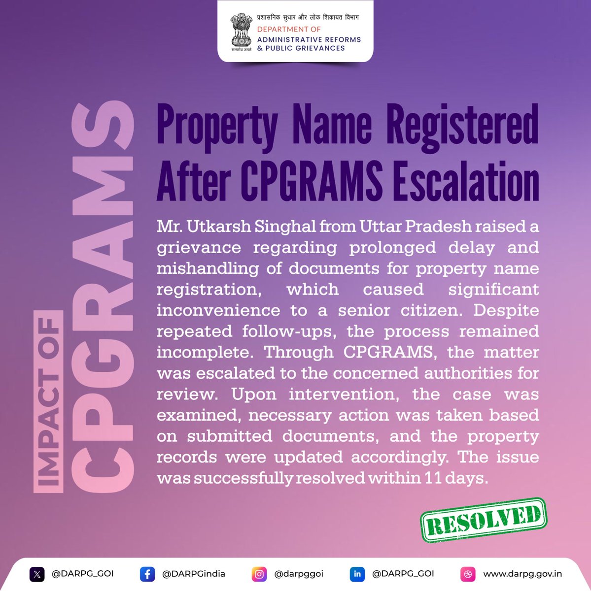 DARPG_GoI's tweet image. Through effective grievance redressal, #CPGRAMS is resolving citizen concerns promptly, enhancing trust in governance, and creating a positive impact across India.

Property Name Registered After CPGRAMS Escalation 

 #SuccessStory #CitizenFirst #PublicGrievances #Sushasan