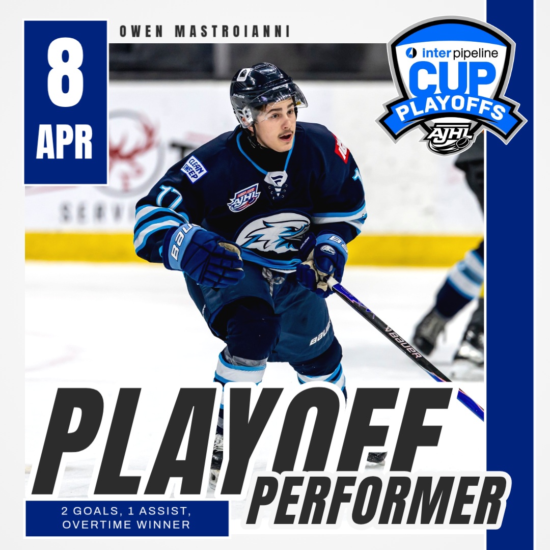 TheAJHL's tweet image. Owen Mastroianni scored the overtime winner to send the Canmore Eagles to the 2026 Inter Pipeline Cup AJHL Finals! #BuiltForThis