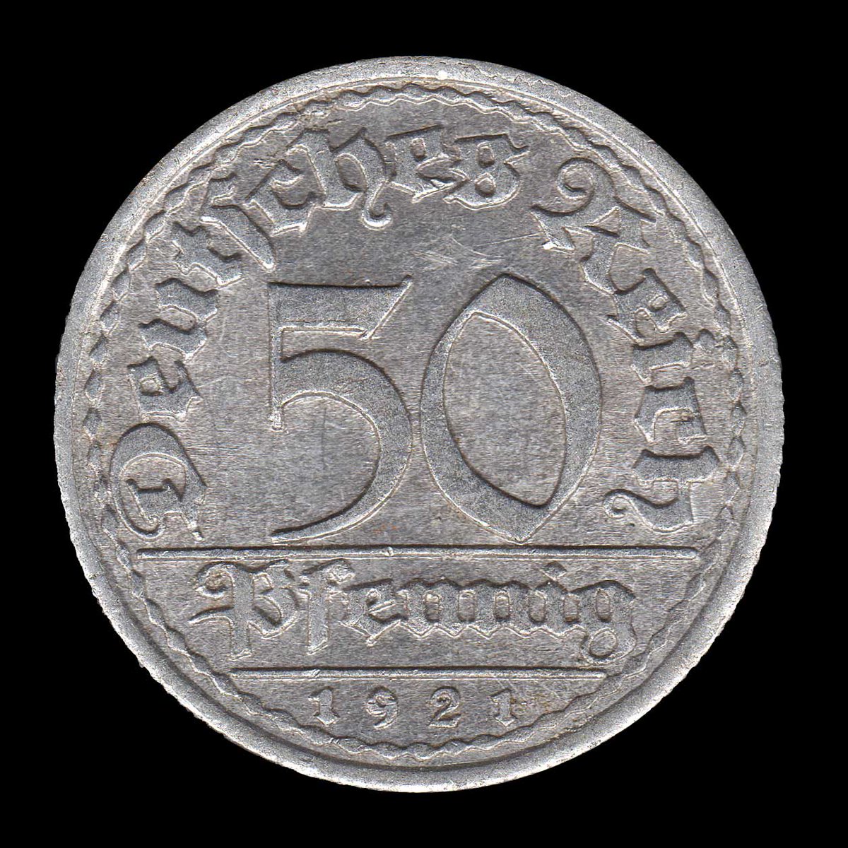 rocketdog632's tweet photo. A Germany 50 Pfennig aluminum coin from 1921, minted in Stuttgart. Has a minor die crack near the word Sich on the back. Despite the high inflation many of these 50 reichspfennig coins were minted. #Germany #Coins https://t.co/f4Lu7Mbr14
