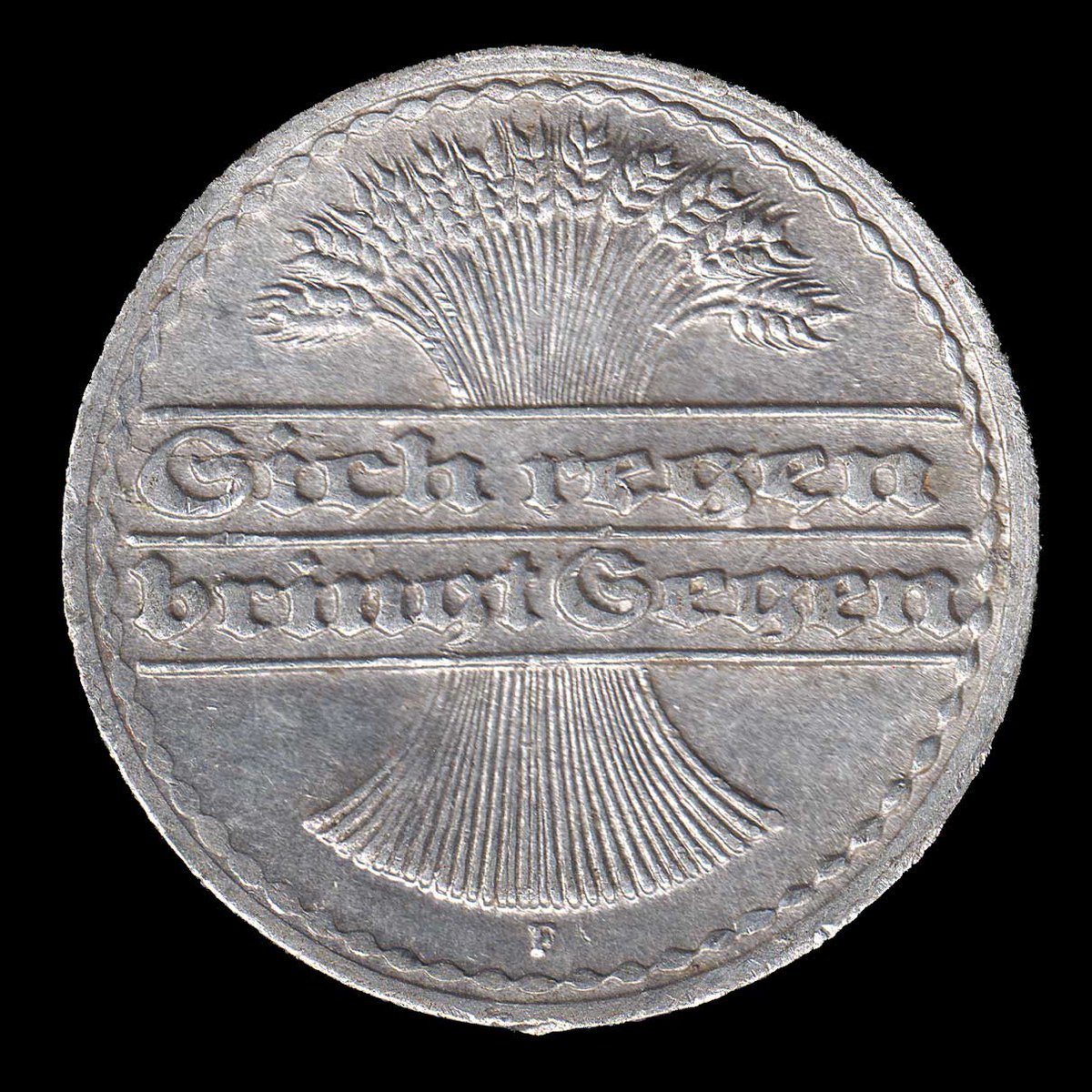 rocketdog632's tweet photo. A Germany 50 Pfennig aluminum coin from 1921, minted in Stuttgart. Has a minor die crack near the word Sich on the back. Despite the high inflation many of these 50 reichspfennig coins were minted. #Germany #Coins https://t.co/f4Lu7Mbr14