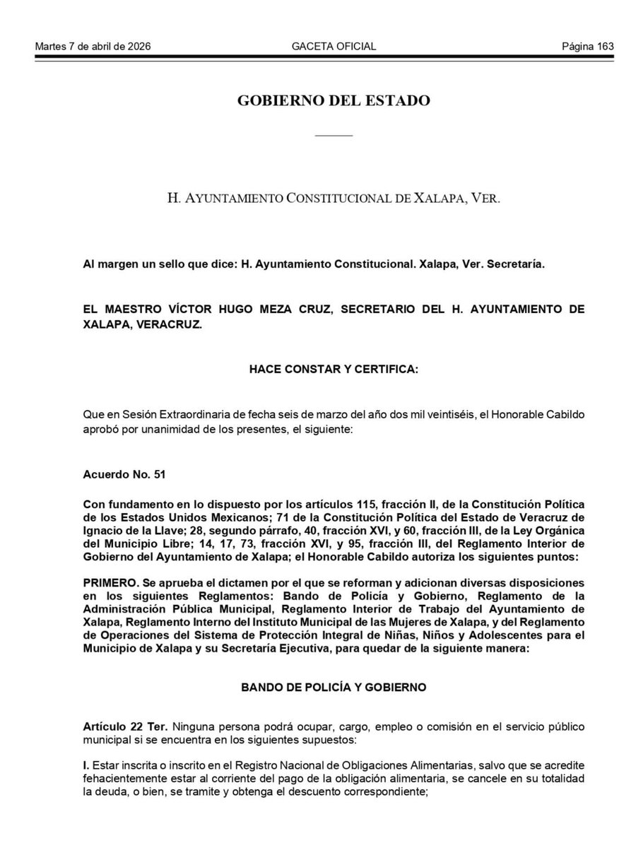 MonicaMendozaM's tweet photo. ✅ El 07 de Abril fue publicada en la Gaceta Oficial del Estado la reforma que aprobamos en el Cabildo del Ayuntamiento de Xalapa, relativa a la 3 de 3 contra la violencia. 

Esta reforma la promovimos  desde la comision para la Igualdad de Género y consiste en que ninguna persona agresora, violentadora, y deudora de pensión alimenticia ocupe algún cargo público en esta administración. 

Este es mi compromiso con la igualdad sustantiva, la justicia y la erradicación de la violencia en todos los espacios.

Porque una vida pública libre de violencia no es una opción, es un derecho. 🤍

#Turegidora #AhoraTeTocaATi #ComoTeAyudo