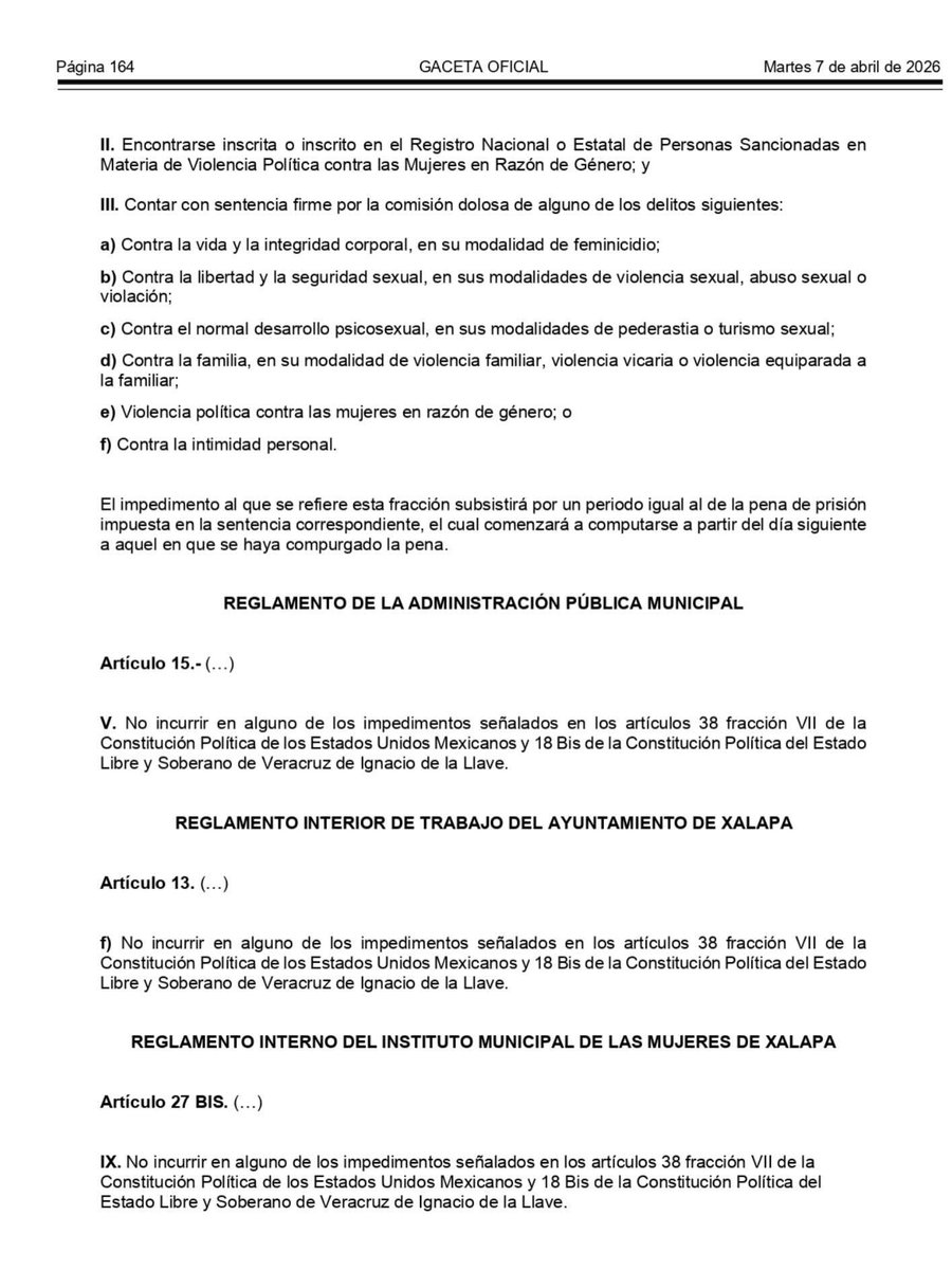 MonicaMendozaM's tweet photo. ✅ El 07 de Abril fue publicada en la Gaceta Oficial del Estado la reforma que aprobamos en el Cabildo del Ayuntamiento de Xalapa, relativa a la 3 de 3 contra la violencia. 

Esta reforma la promovimos  desde la comision para la Igualdad de Género y consiste en que ninguna persona agresora, violentadora, y deudora de pensión alimenticia ocupe algún cargo público en esta administración. 

Este es mi compromiso con la igualdad sustantiva, la justicia y la erradicación de la violencia en todos los espacios.

Porque una vida pública libre de violencia no es una opción, es un derecho. 🤍

#Turegidora #AhoraTeTocaATi #ComoTeAyudo