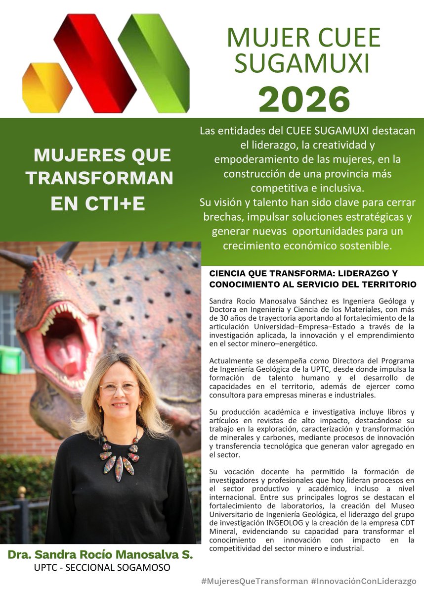 Mujer CUEE Sugamuxi 2026. Sandra Rocío Manosalva se ha dedicado a transformar el conocimiento geológico en desarrollo, competitividad y valor para la industria. Desde la @UPTC impulsa la Investigación aplicada, talento y tecnología al servicio del territorio.  #cueesugamuxi