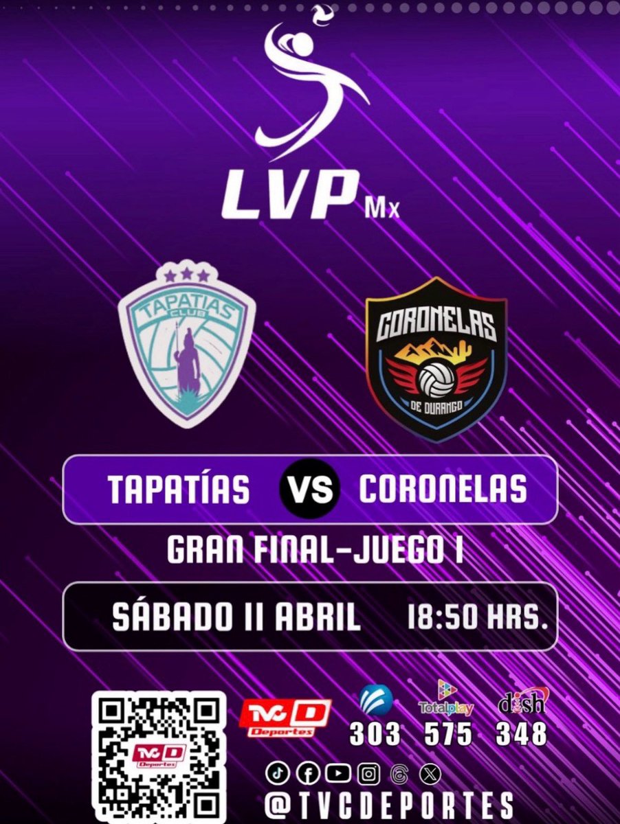 TVCDeportes's tweet photo. GRAN FINAL LVP MX

Este sábado se disputará el juego 1 de la primer gran final de la @lvp.mx con el choque entre:

@tapatiasvoleibolmx 🆚 @clubcoronelas.dgo 

🗓️ 11 Abril
⏰ 18:30 HRS
📺 303 @Megacable 575 @totalplaymx 348 @DishMx 

#LVPMX #Tapatias #Coronelas #TVCDeportes https://t.co/VRtoZdhIs1