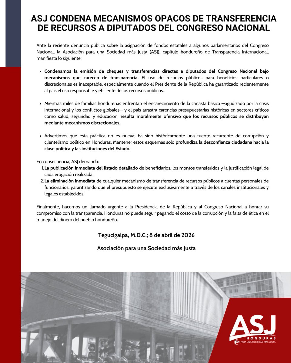 asjhn1's tweet photo. 📢 PRONUNCIAMIENTO: ASJ condena la asignación discrecional de fondos a diputados.

¡Es inaceptable! Los recursos del pueblo no pueden ser la caja chica de la clase política, especialmente frente a la crisis económica que viven las familias hondureñas.

Lee nuestra postura aquí:👉https://t.co/5XQT0ttGj6