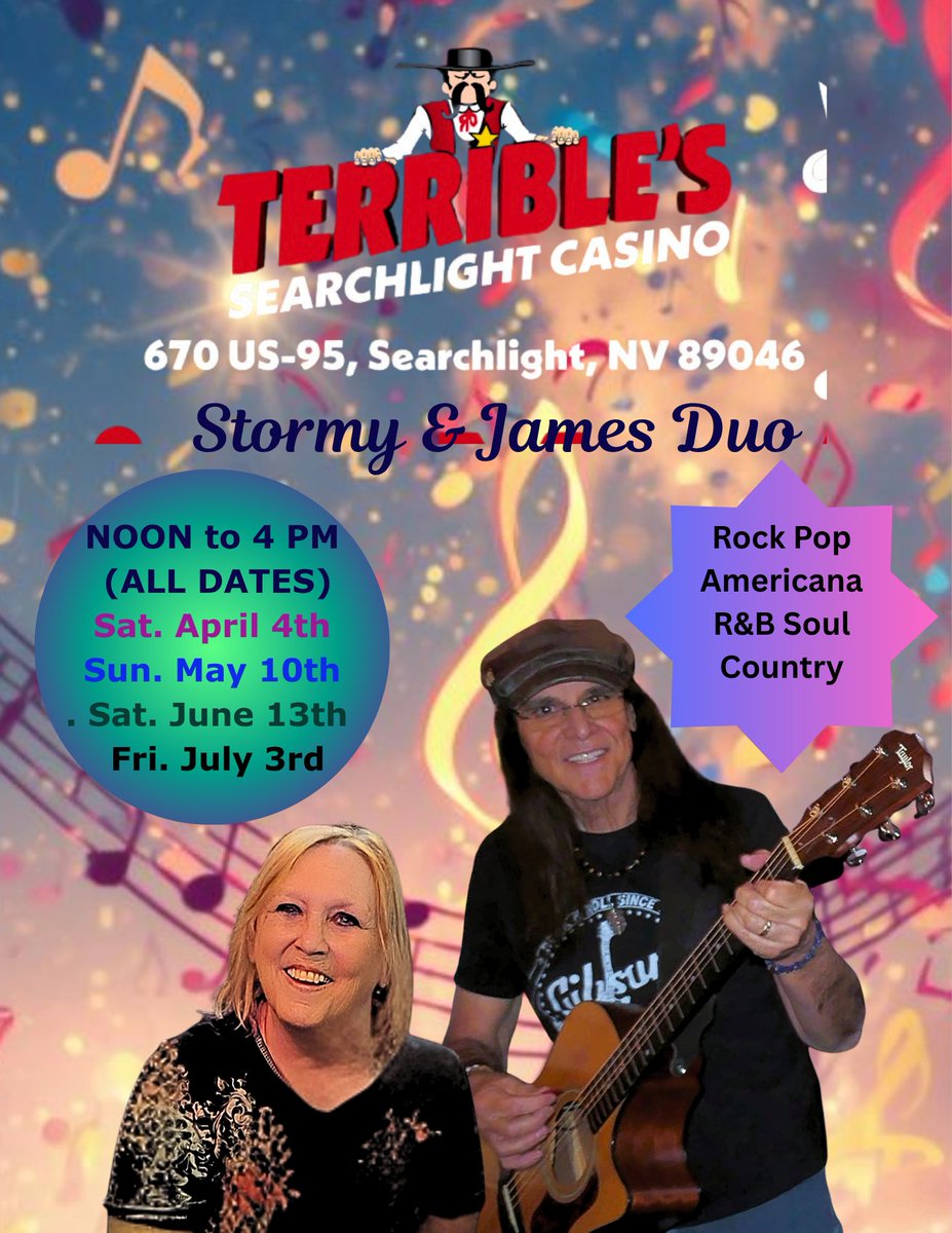 LibraBaby56's tweet photo. Saturday, April 25  Wine Down, Pahrump, NV              DUO 6 pm to 8 pm
Sunday, April 26    Mountain Springs Saloon           NOON to 4 pm

Multiple Dates (SEE FLYER) Stormy ~ James DUO Searchlight Casino   NOON to 4 p.m. (It's the Perfect Ride!) https://t.co/VovX1HW5t3