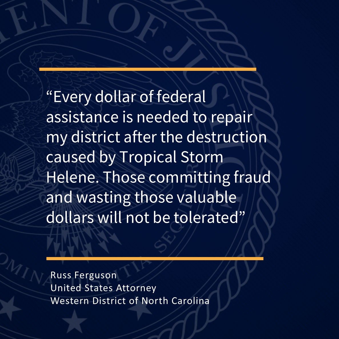 USAO_WDNC's tweet image. Federal indictment charges man with defrauding @FEMA in the aftermath of Tropical Storm #Helene.

Read more at: justice.gov/usao-wdnc/pr/f…