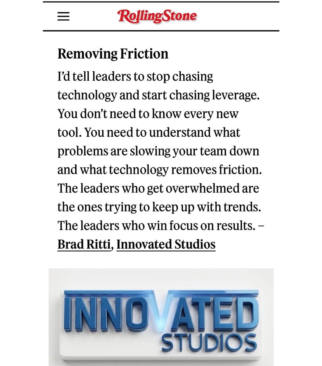 Leadership isn’t about chasing every new trend.
It’s about finding what removes friction and helps your team win.
Proud to see our CEO, Brad Ritti, featured in Rolling Stone.
#InnovatedStudios #RollingStone #Leadership

rollingstone.com/culture-counci…