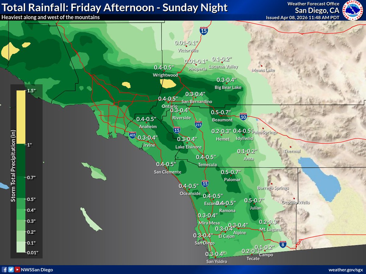 NWSSanDiego's tweet photo. Cooler and unsettled weather is expected for the weekend! Check out forecast highs, rain, and snow totals below. Breezy winds can also be expected, strongest over the mountains and into the deserts. 

#CAwx https://t.co/ubRbkHFztI