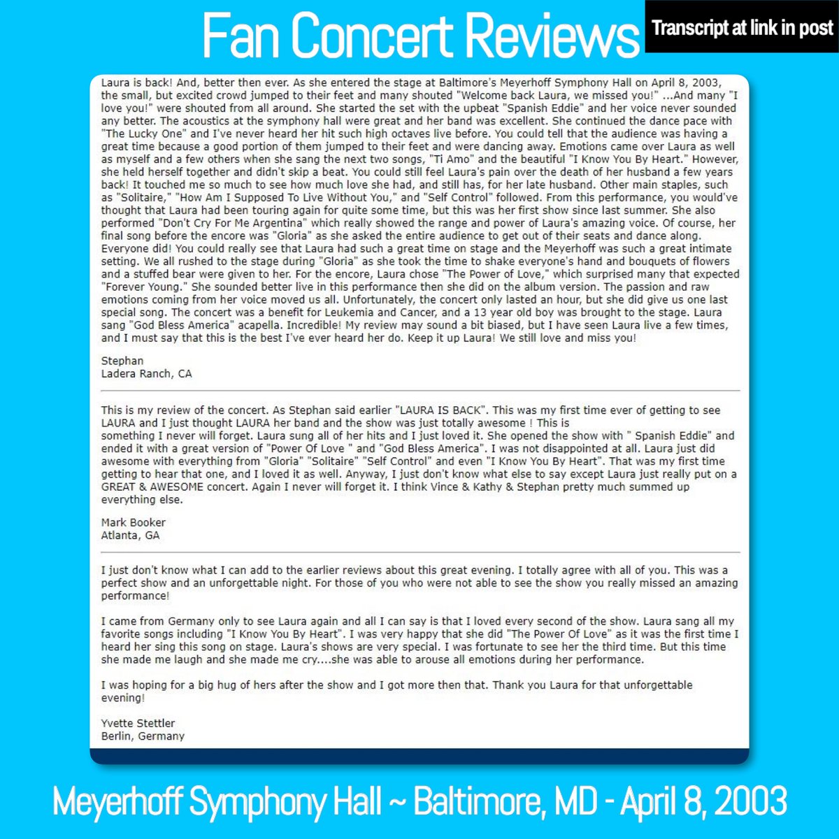 laurabranigan's tweet image. #Fan #Concert 🎤🎸#Reviews Here are some more photos, and also a few reviews that were submitted to LauraBraniganOnline by fans who attended Laura's concert 21 years ago at the Meyerhoff Symphony Hall in Baltimore, MD on April 8, 2003. 🙂❤️ ~ Kathy Golik, Legacy Manager

🔷 Fan