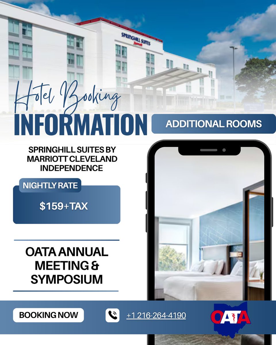 OhioATA's tweet photo. The first hotel block for the 2026 OATA Annual Meeting sold out, so we secured another!
🏨 SpringHill Suites Cleveland Independence
📍 Just 4 minutes from the conference hotel
💲 $159 + tax
📅 Book by April 22
Reserve your room:https://t.co/NiY3PsK2mz
Book soon,rooms are limited! https://t.co/P8o7kFg8n5