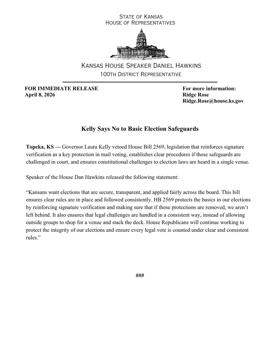 DanHawkinsKS's tweet image. Governor Kelly vetoed HB 2569 today. I have released the following statement: #ksleg