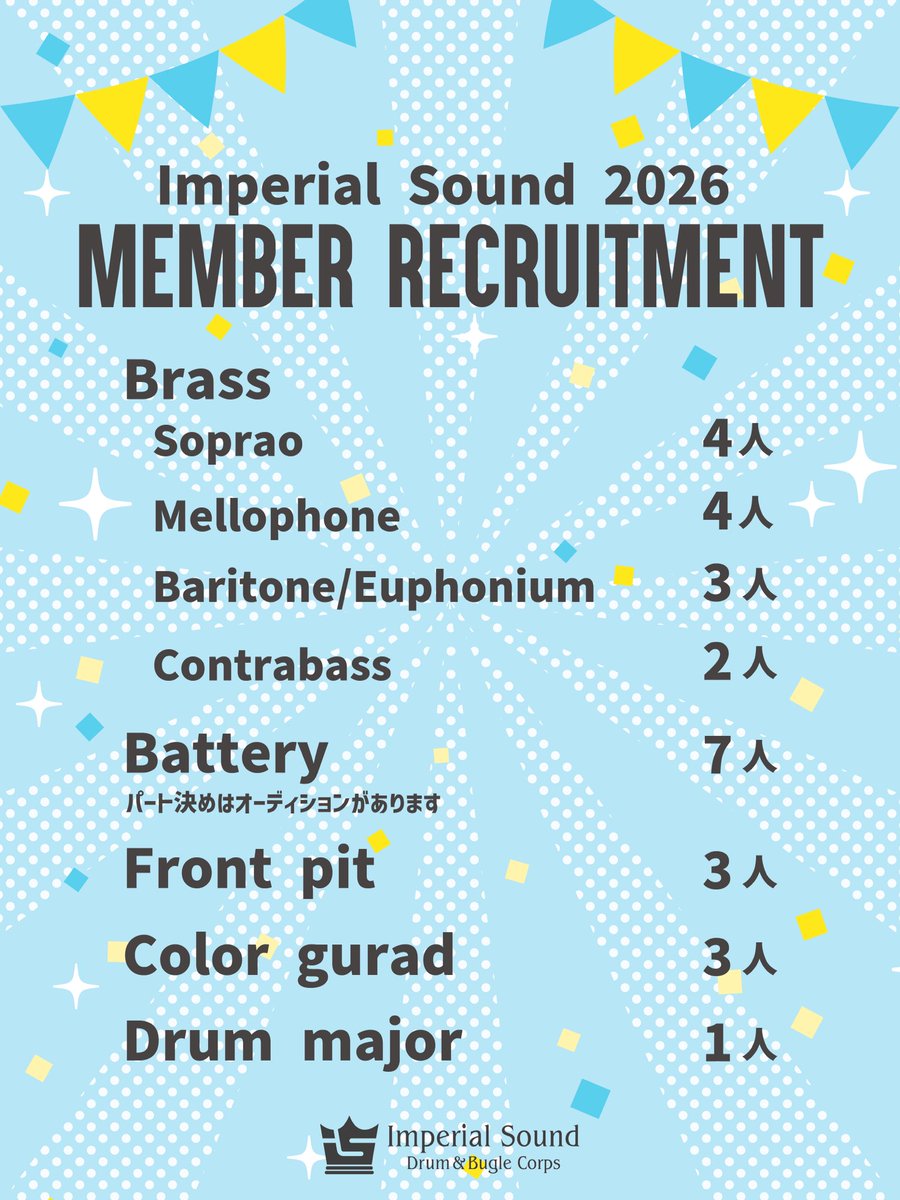 🎺2026年度募集人数🥁
⁡
これより多くのメンバーが
集まってくれたらよりGOOD👌
⁡
空き／メンバー数
・ソプラノ  4／8人
・メロフォン 4／6人
・バリトン 3／8人
・コントラバス 2／4人
・バッテリー(シンバル含む) 7／15人
・フロントピット 3／8人
・カラーガード 3／10人
・ドラムメジャー 1／2人