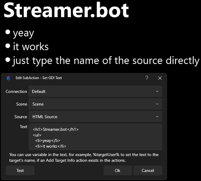 pwnyy's tweet photo. @exeldro Since it was mentioned in andi's stream I just had to make sure it works with the Set GDI Text sub-action of https://t.co/GouEa26ead and as expected, it does! https://t.co/0dNYoA7r2r