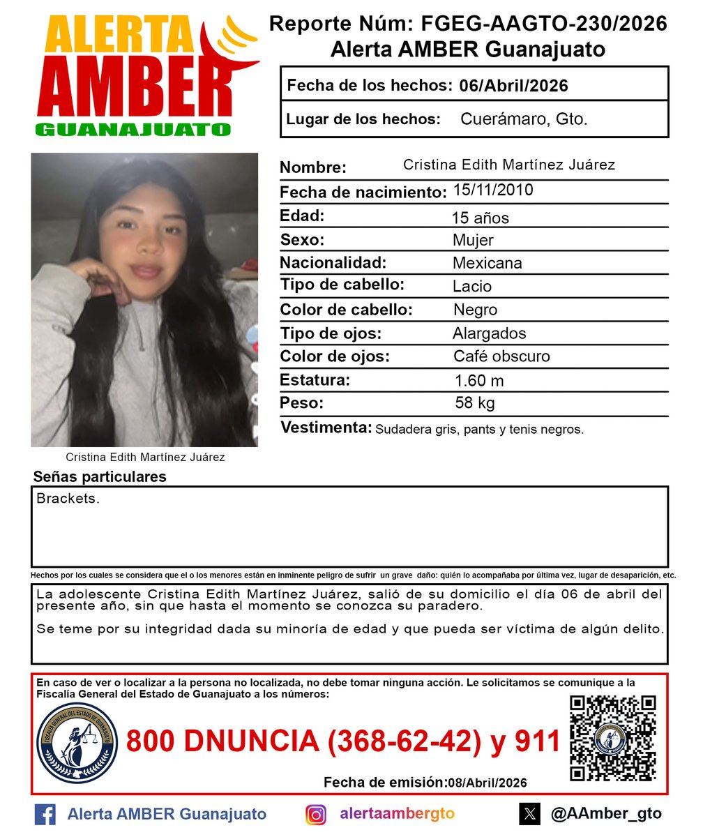 Activación de la Alerta AMBER Guanajuato de la adolescente Cristina Edith Martínez Juárez de 15 años, Cuerámaro, Gto. ¡Ayúdanos a localizarla!