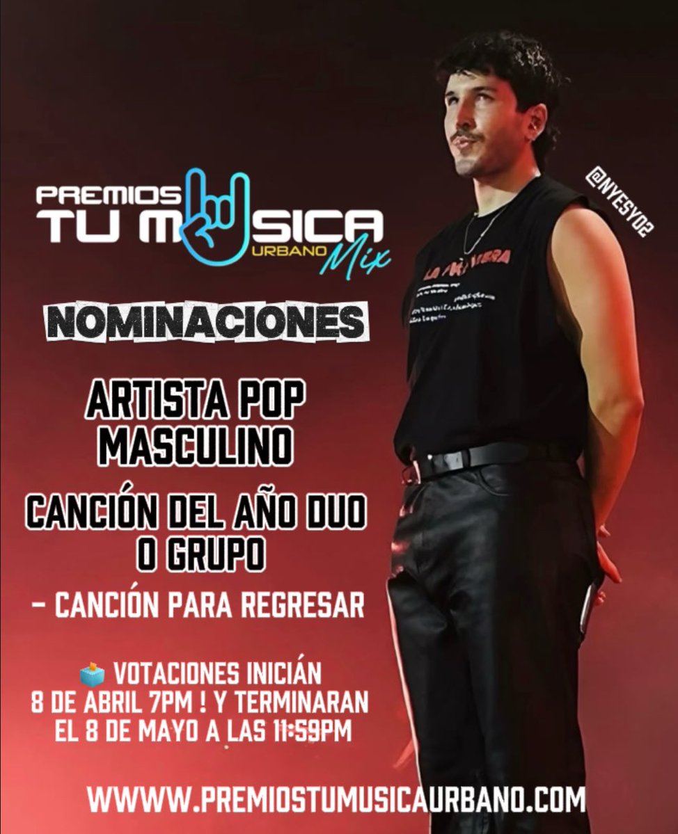 Sebastián Yatra ha sido nominado a los Premios Tú Música Urbano Mix 2026 🇵🇷 En lo que opta en 2 categorias 🔥🥳 <a href="/SebastianYatra/">Sebastian Yatra</a> ❤️‍🔥

✰ Artista Pop Masculino 

✰ Canción Del Año Duo o Grupo - CANCIÓN PARA REGRESAR 

🗳️ votopremiostumusicaurbano.com Hasta el 8 de Mayo a las 11:59PM