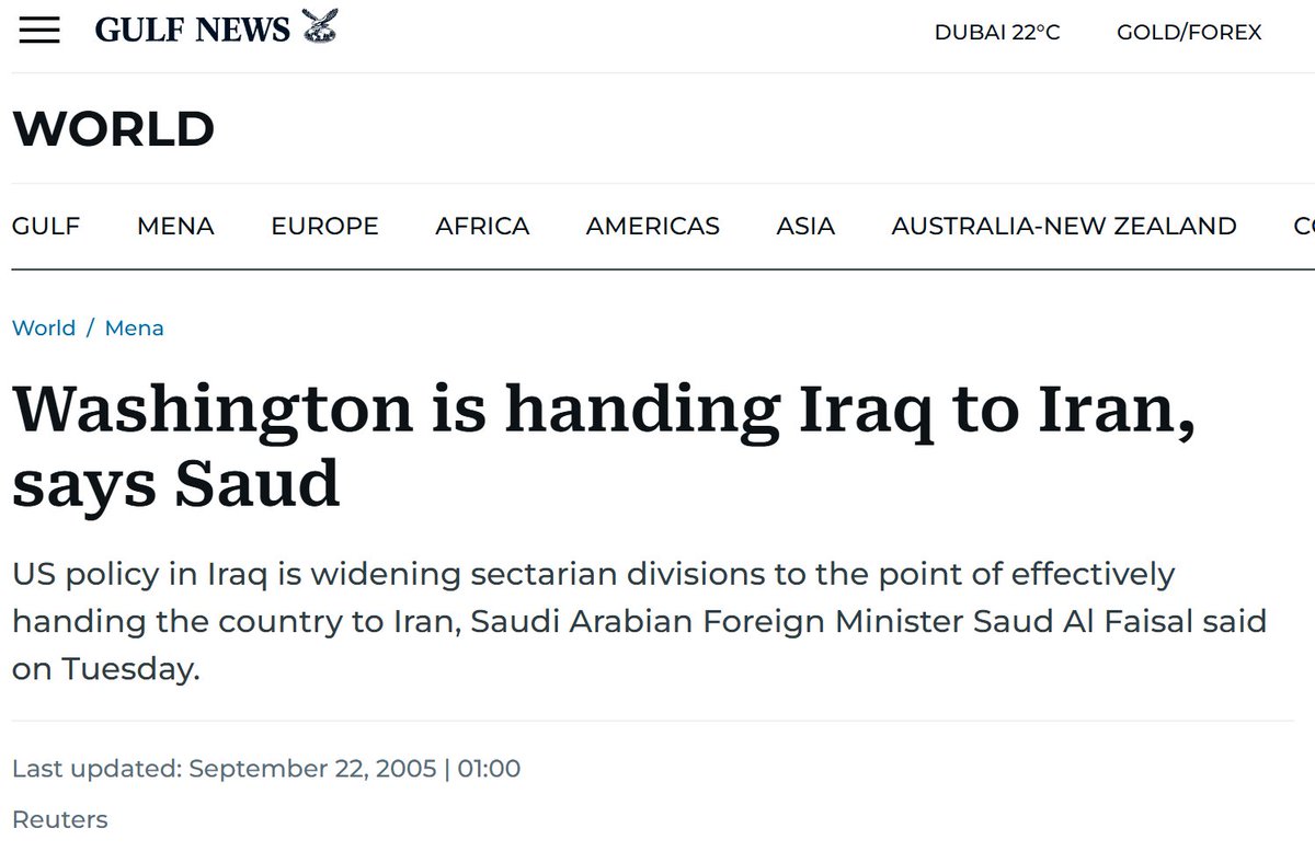 ZHRANCO_SA's tweet photo. درس من مئات الدروس السعودية السياسية :

يتذكر الكثير التصريح الشهير عام 2005 للأمير سعود الفيصل رحمه الله
"أمريكا قدمت العراق لإيران على طبق من فضة"

في 2004 حدثت أزمة دبلوماسية سعودية أمريكية بعد أن إقترحت السعودية قوات عربية وإسلامية لحفظ الأمن في العراق بعد سقوط صدام حسين لكي لاتتحول العراق لمحافظة إيرانية ، ولكن الأمريكان رفضوا 
بعدها بأقل من عام صرح الأمير سعود الفيصل رحمه الله تصريحه الشهير  ( أمريكا قدمت العراق لإيران على طبق من فضة ) 

واليوم في 2026 تثبت الأحداث حكمة السعودية وبعد نظر قادتها قبل أكثر 21 عام .