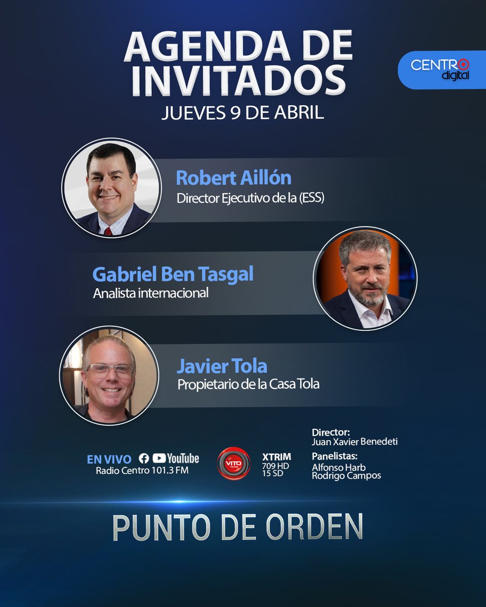 radiocentroec's tweet photo. 🎙️Este Jueves en #PuntoDeOrden nos acompañará:

📌 Robert Aillón - Director Ejecutivo Ecuador Space Society
📌 Gabriel Ben Tasgal - Analista Internacional
📌 Javier Tola - Propietario de la Casa Tola

Con nuestro panel de expertos: @jxbenedeti; @pochoharbEC y @rodcampost

🔴 Mañana 08H00, sintoniza 101.3 FM 📻 | Transmisión en nuestros medios digitales.